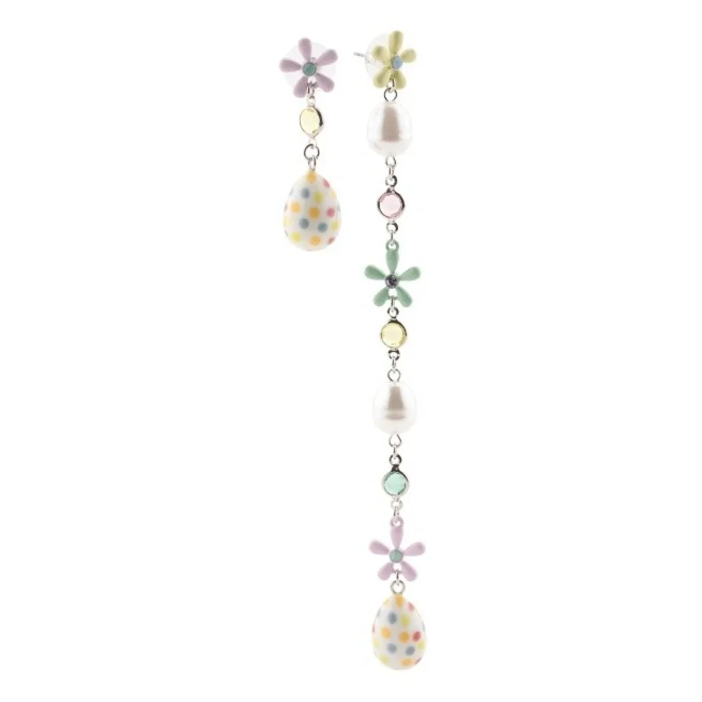 Betsey‎ Johnson Egg and Flower Mismatch Linear Earrings Pastel Easter NEW